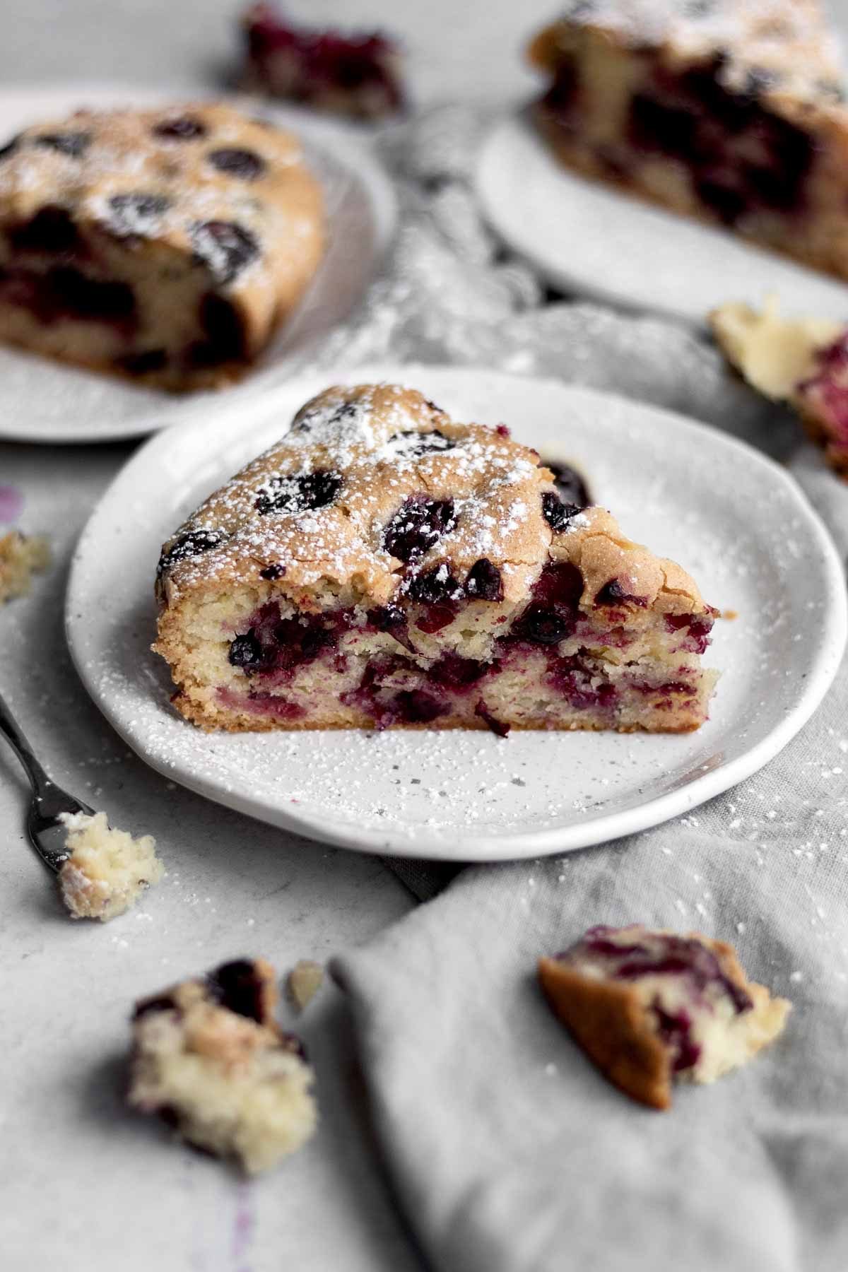 A slice of Vegan Olive Oil Cake dusted with confectioners’ sugar.