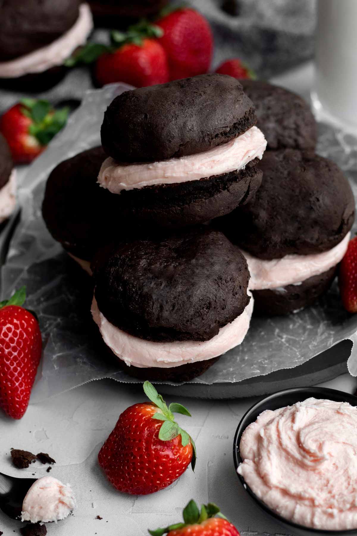 A stack of Gluten Free Chocolate Strawberry Whoopie Pies.