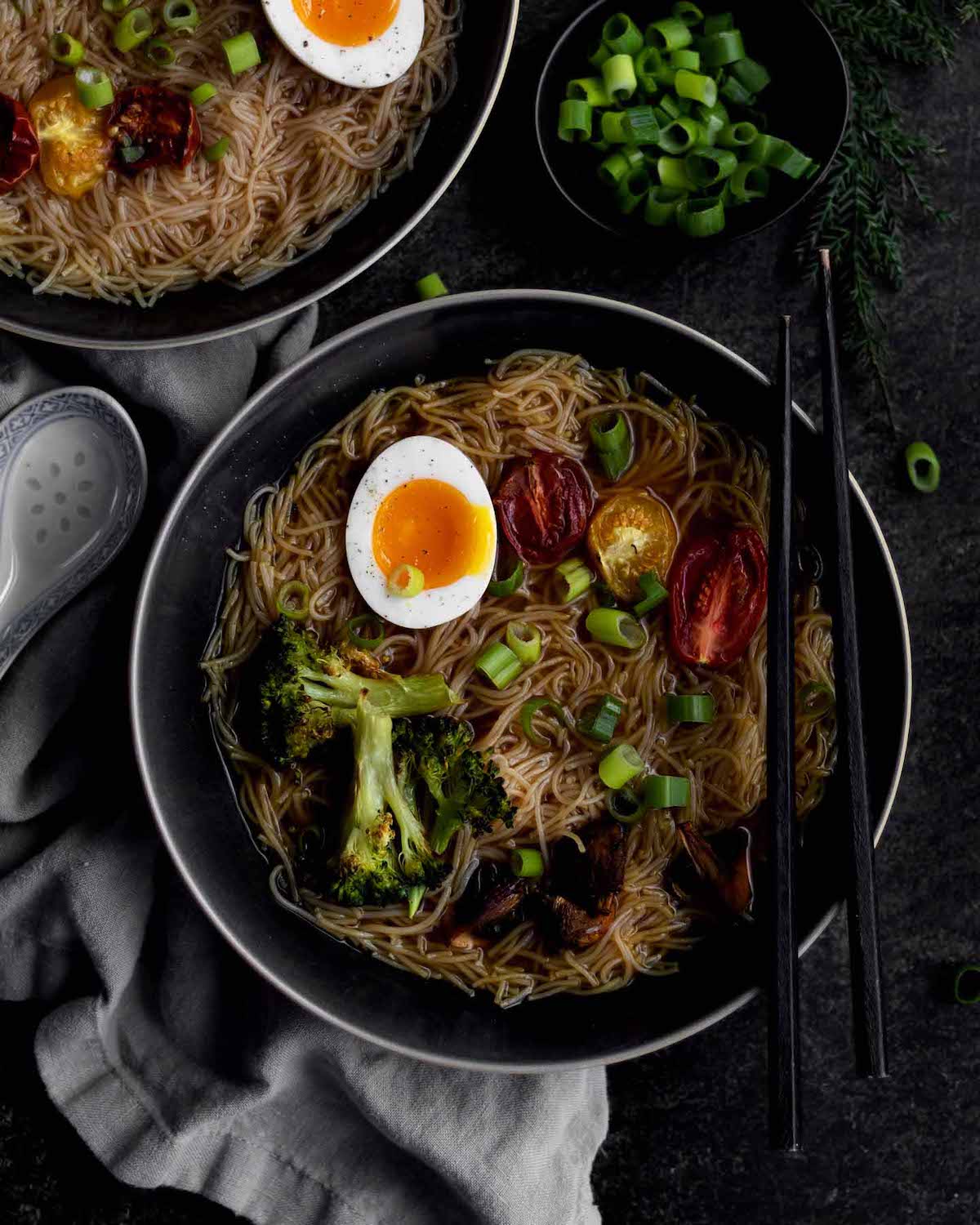 Gluten free Ramen with Roasted Tomatoes in a bowl.