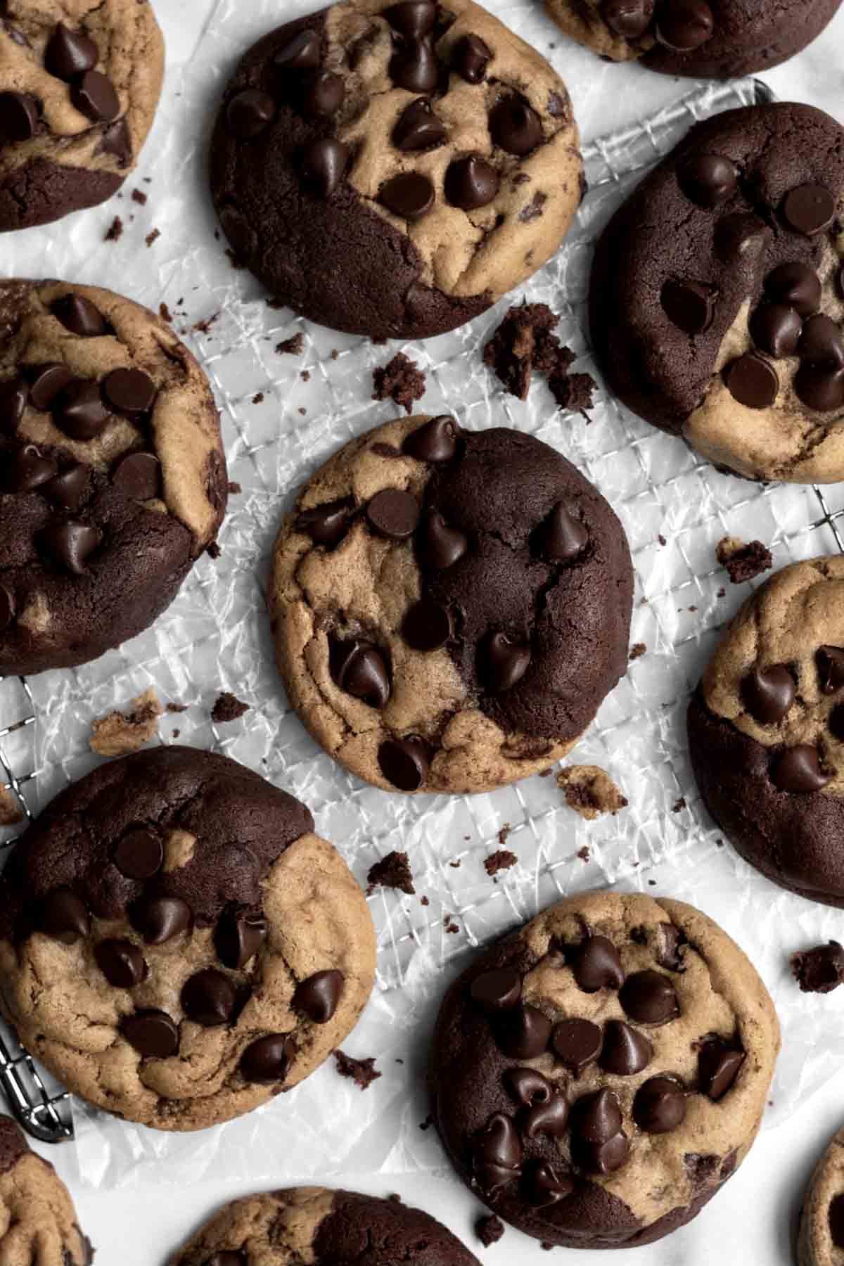 Brookie Cookies sit two-faced on parchment paper, ready to be enjoyed.