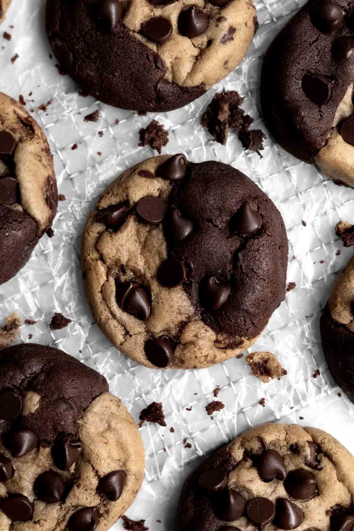 Brookie Cookies seen as half chocolate chip cookie and brownie bite.