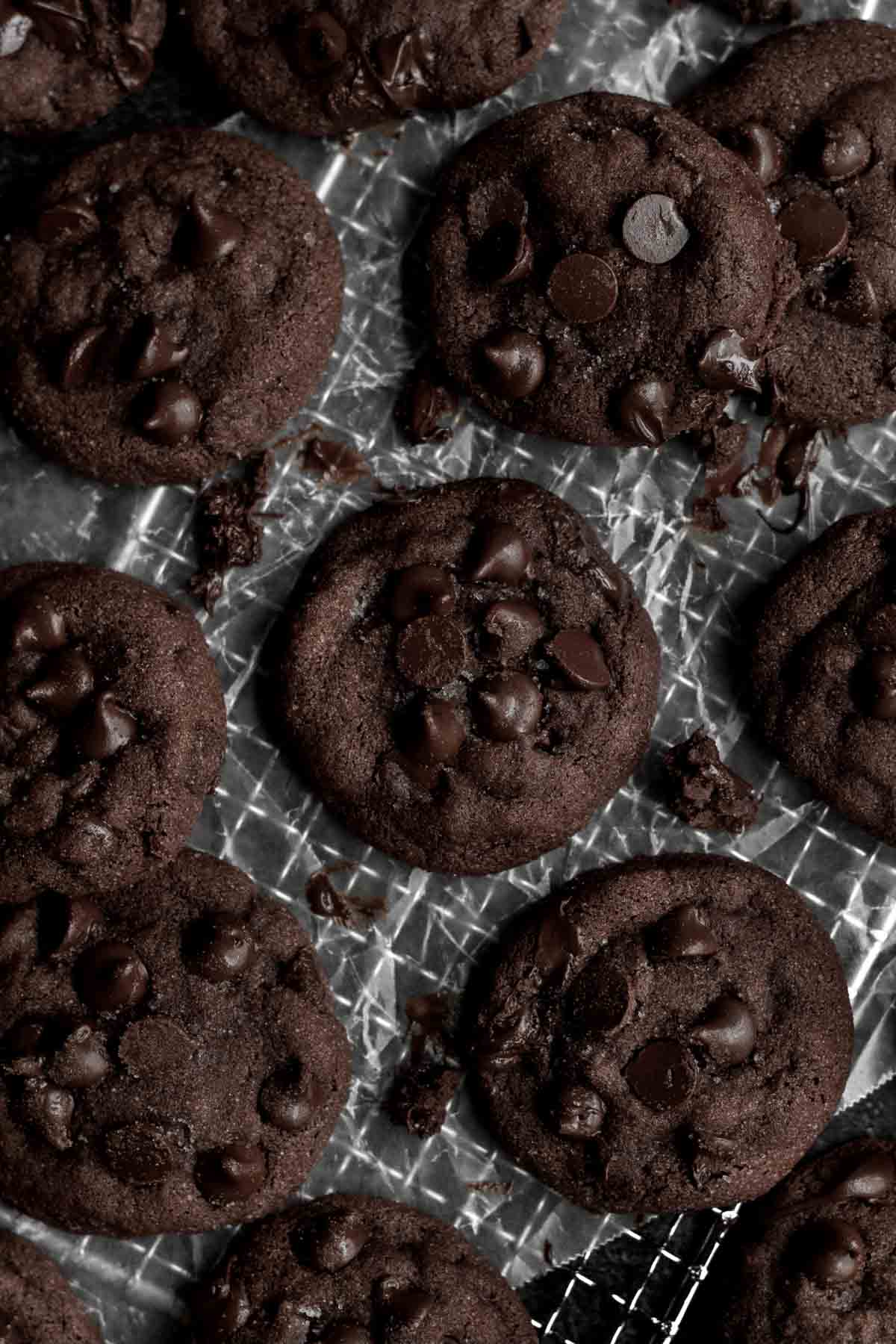 Dark round Double Chocolate Brownie Bites with melted chocolate chips.