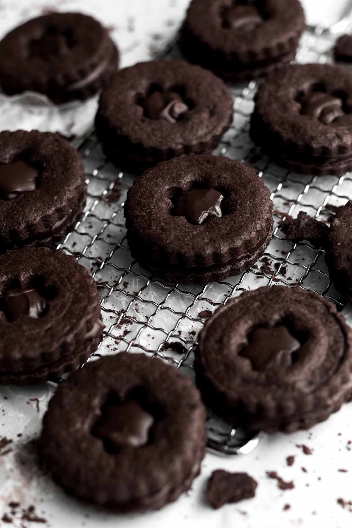 Several Double Chocolate Sandwich Cookies on a baking tray.