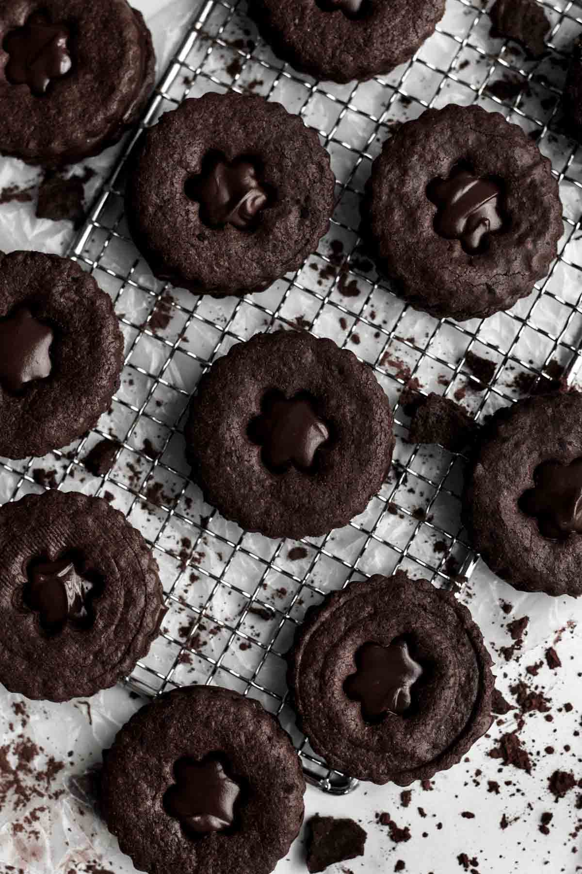 Looking down at Double Chocolate Sandwich Cookies with their exposed fudge center.