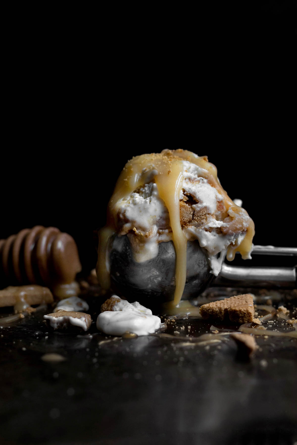 Extra drizzle and crumbs atop a scoop of Graham Ice Cream.