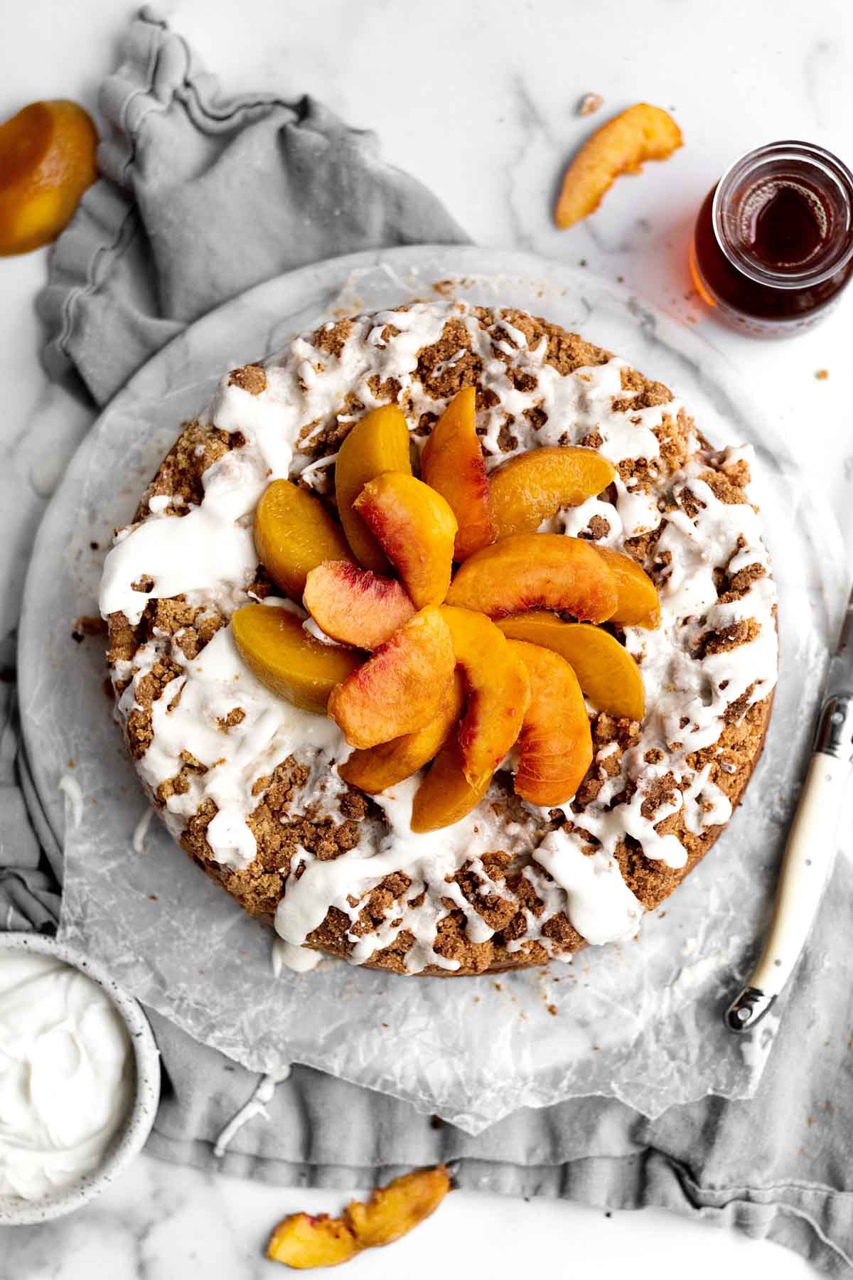 Looking at the peach spiral atop a Peach Cobbler Cake.