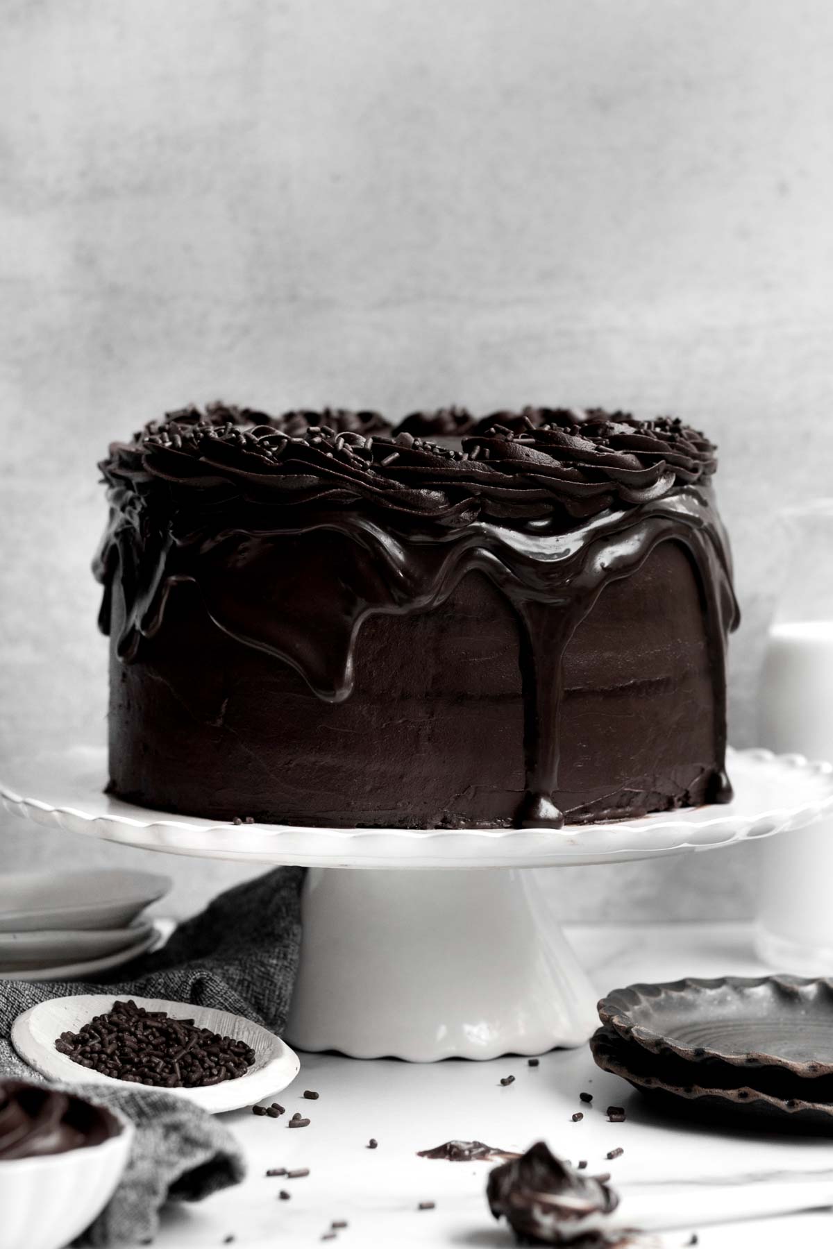 Triple Chocolate Layer Cake Oozing with chocolate ganache.