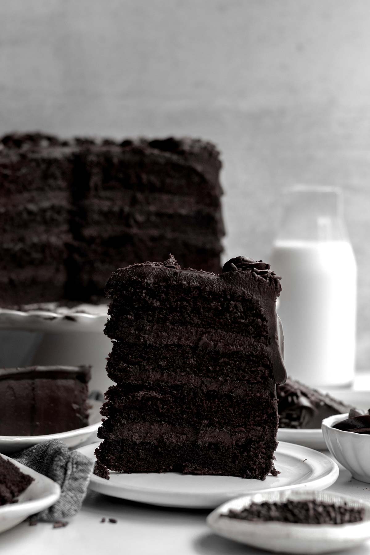 A slice of Triple Chocolate layer Cake sits heroically.