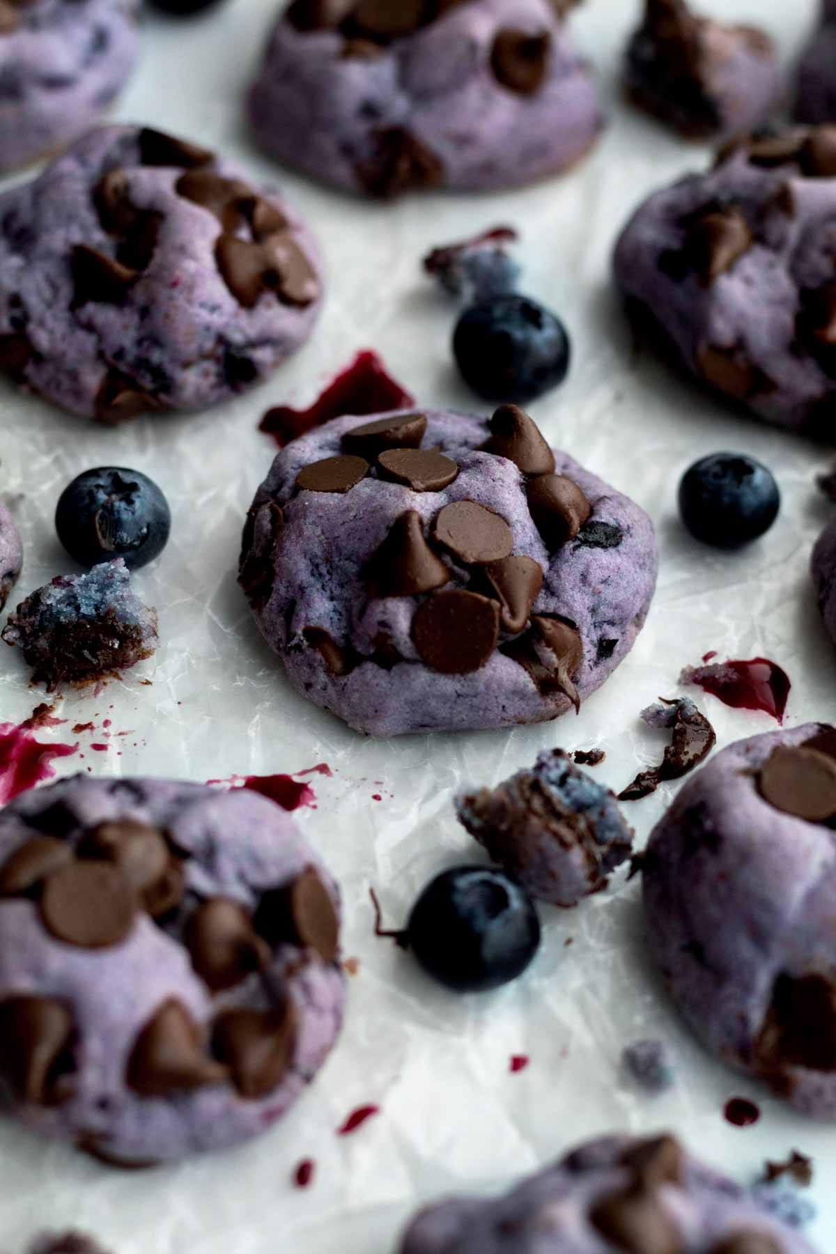 Gluten free Blueberry Chocollate Chip Cookies with chocolate chips on parchment paper.